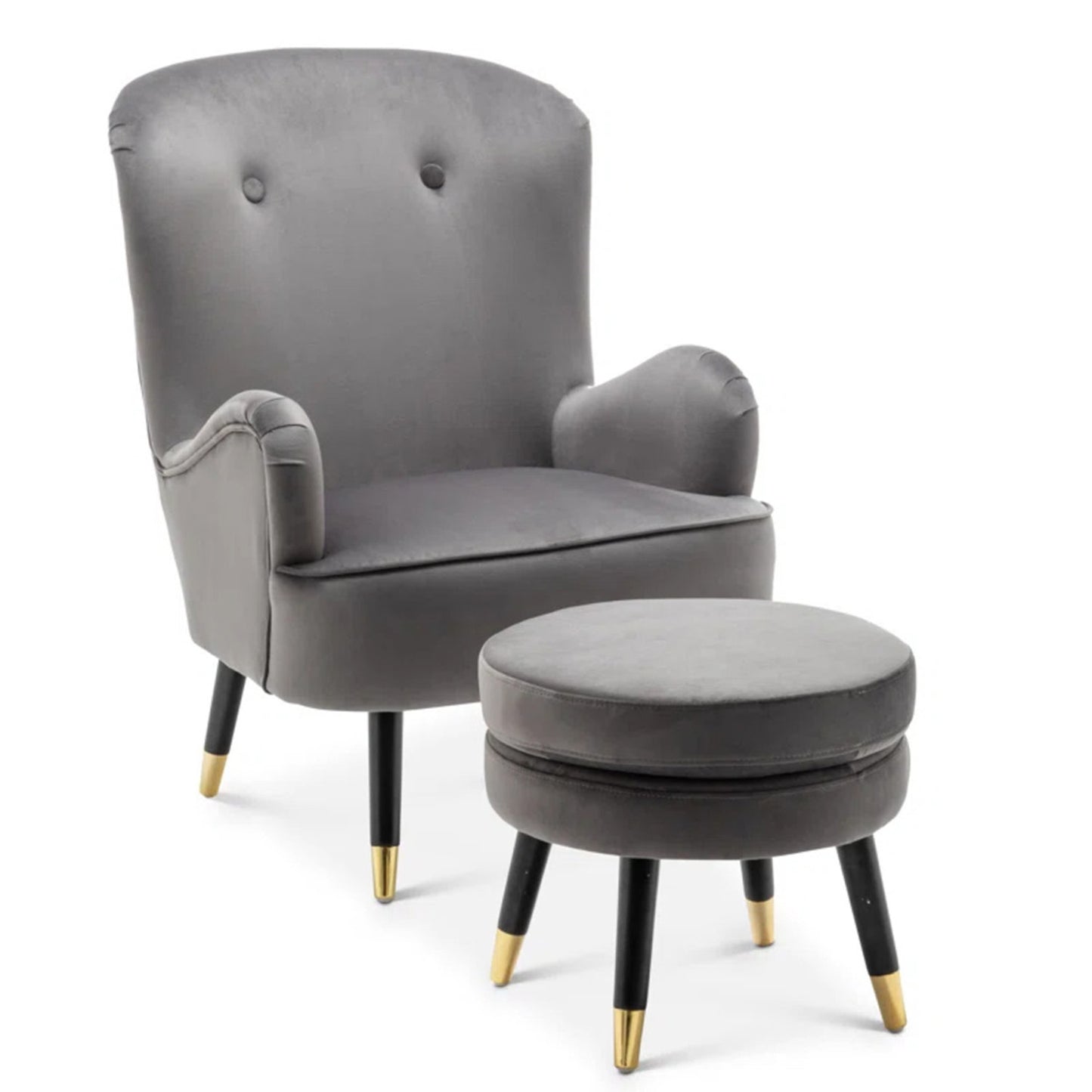 Velvet Barrel Chair With Ottoman Footrest Grey