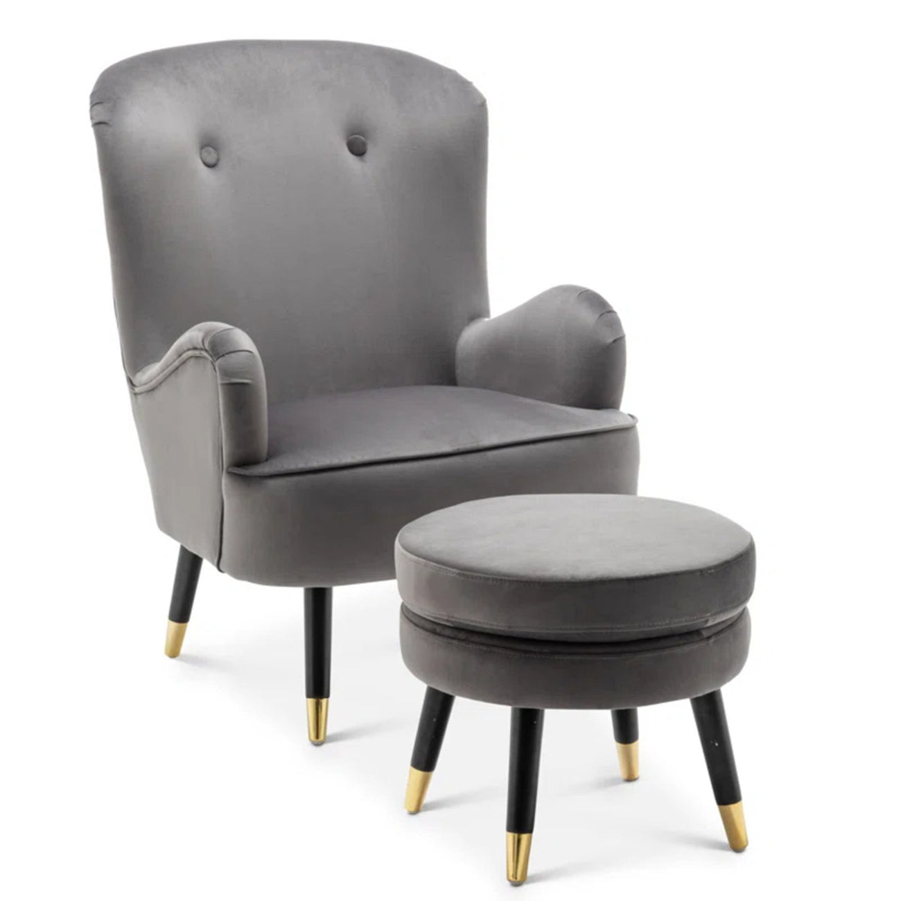 Velvet Barrel Chair With Ottoman Footrest Grey
