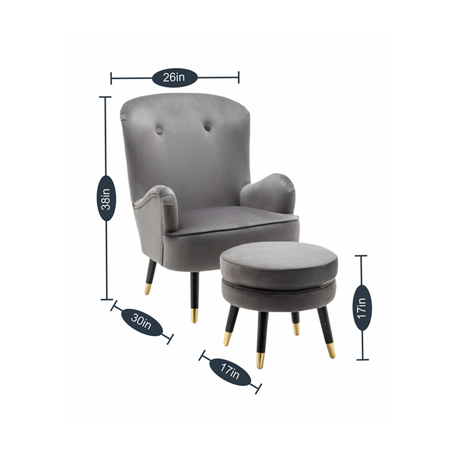 Velvet Barrel Chair With Ottoman Footrest Grey