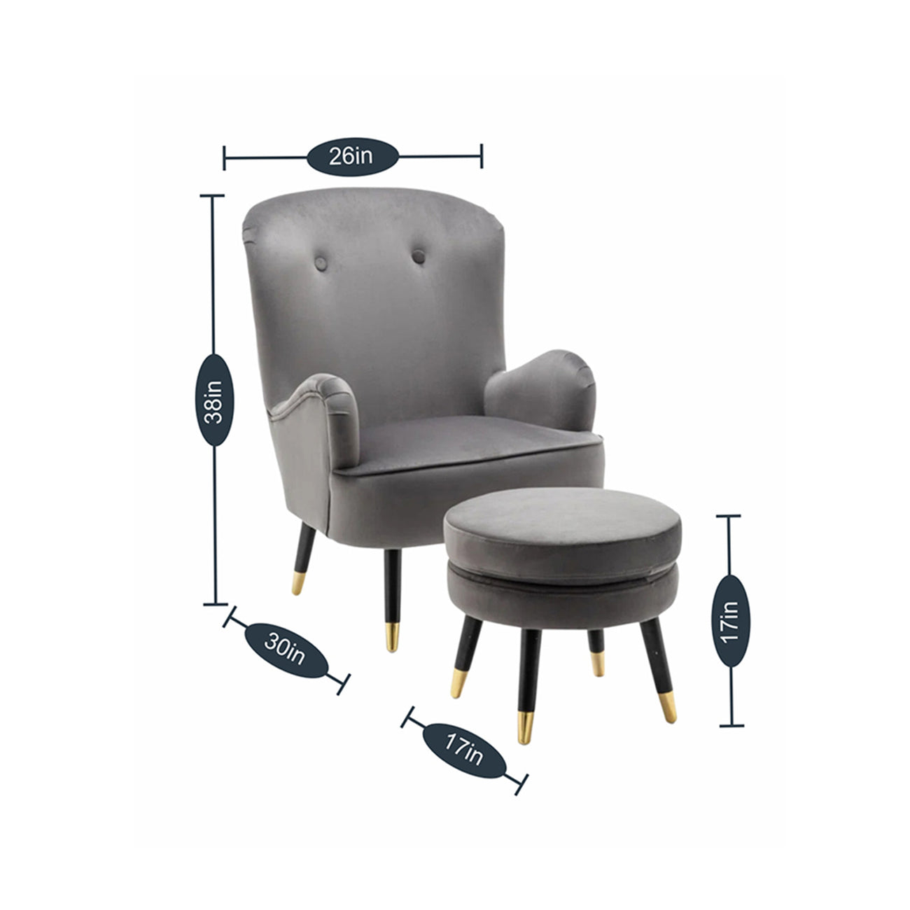 Velvet Barrel Chair With Ottoman Footrest Grey