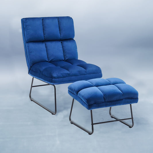 Velvet Chair With Ottoman Set Blue