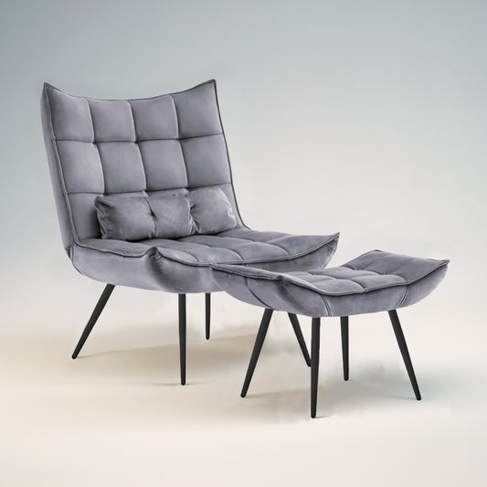 Luxurious Velvet Chair With Ottoman Footrest Grey