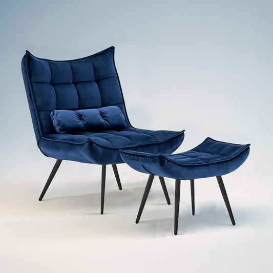 Luxurious Velvet Chair With Ottoman Footrest Blue