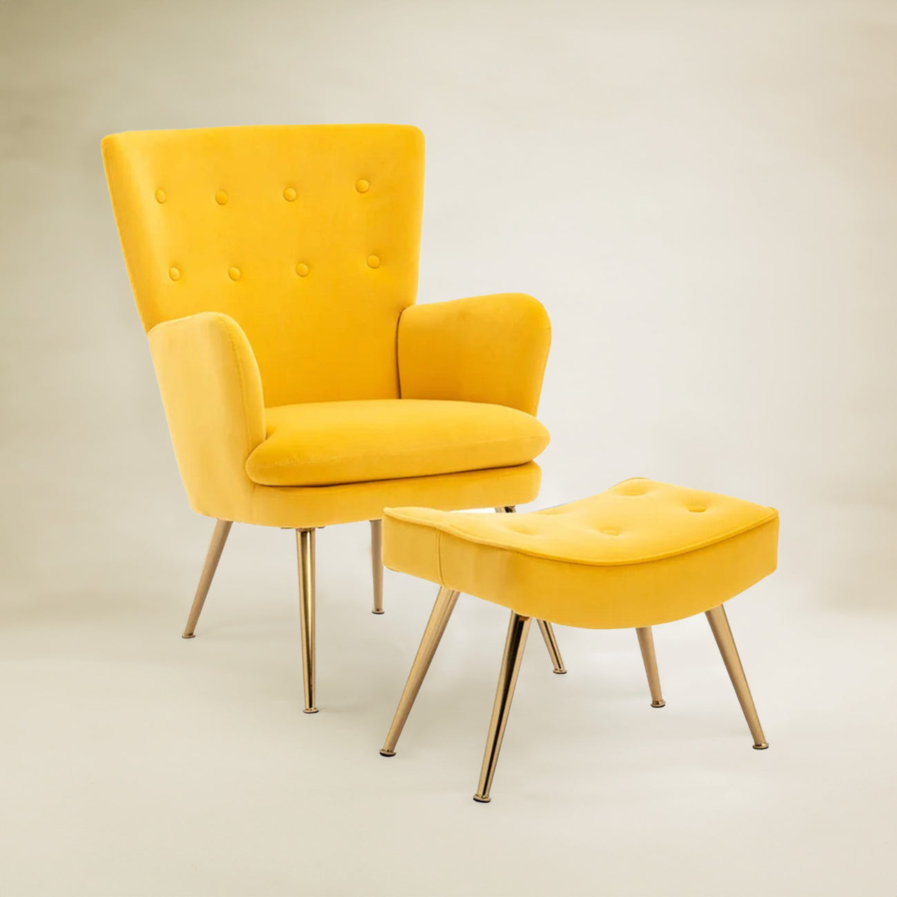 Velvet High-Back Accent Chairs With Ottoman Footrest Yellow