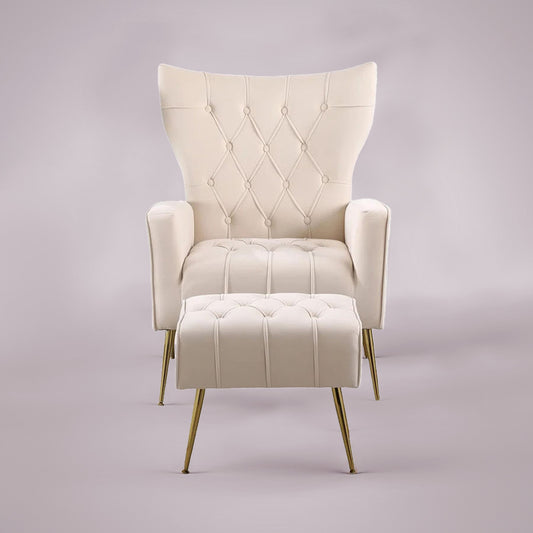Palatial Wingback Accent Chair & Ottoman Footrest Set Beige