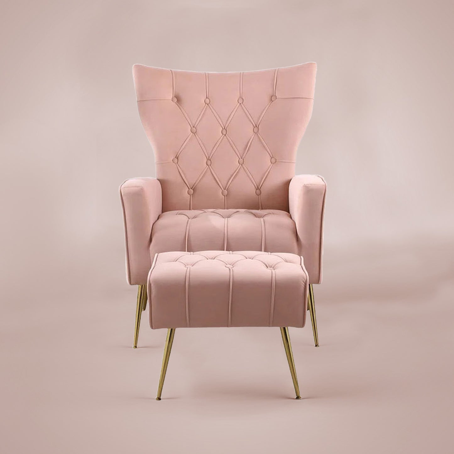 Palatial Wingback Accent Chair & Ottoman Footrest Set Pink