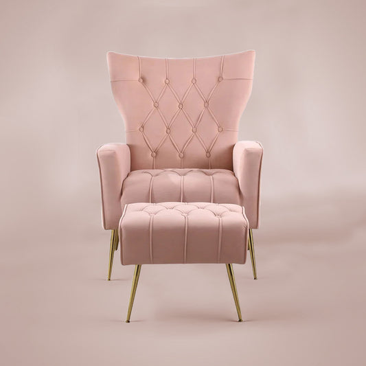Palatial Wingback Accent Chair & Ottoman Footrest Set Pink