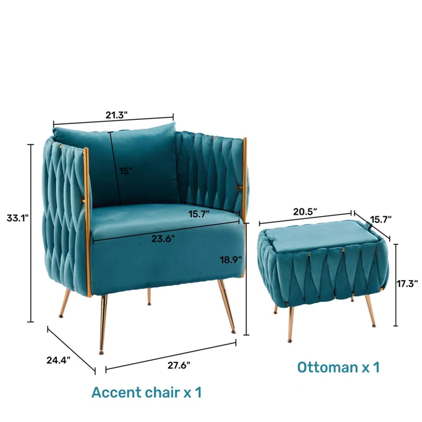 Opulent Velvet Majesty Accent Chair With Ottoman Footrest Teal