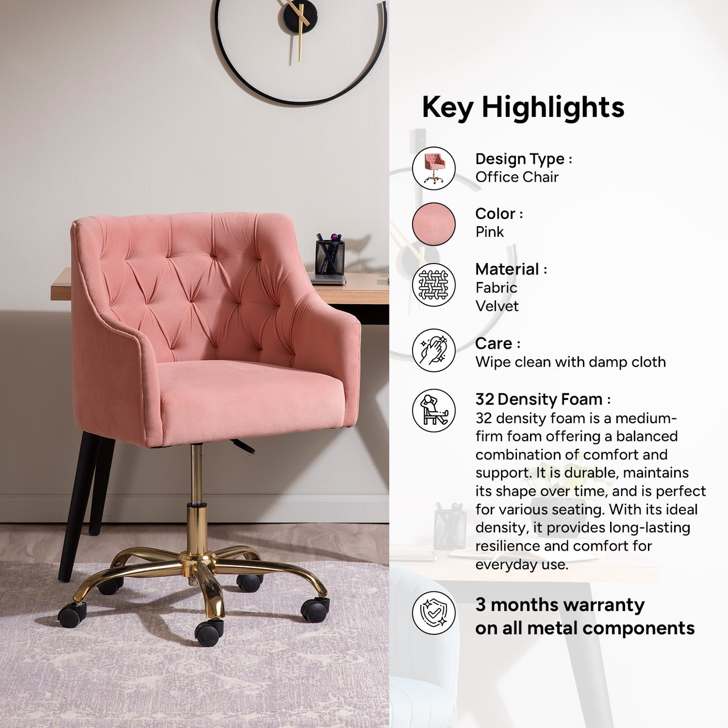 Sophisticated Velvet Office Chair Pink