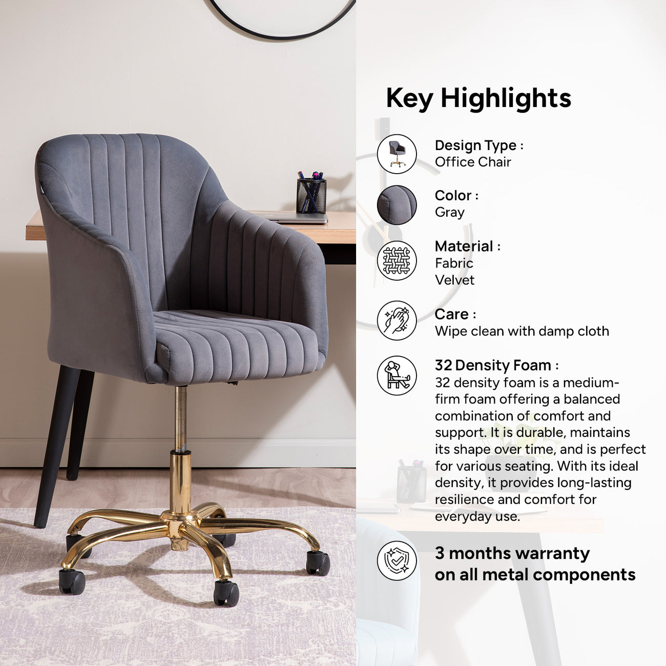 Luxurious Velvet Office Designer Chair Light Grey