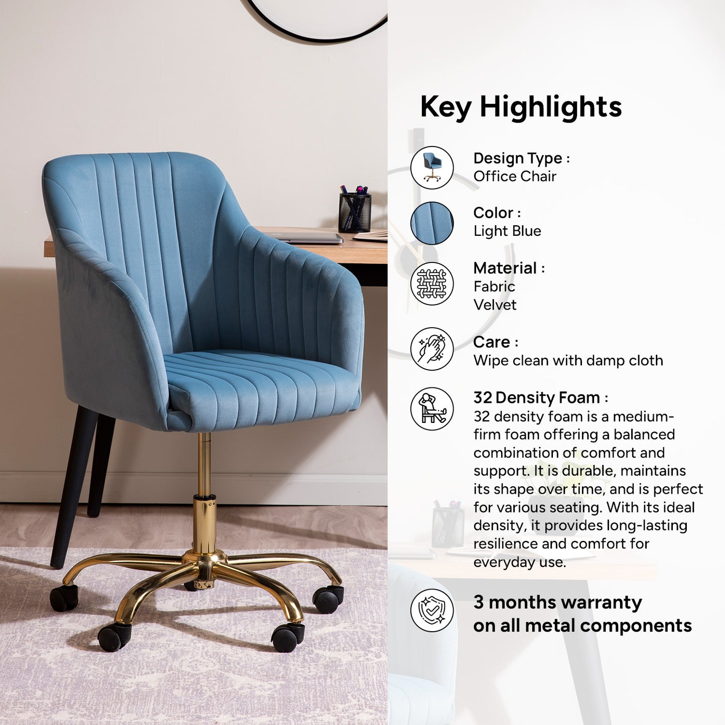 Luxurious Velvet Office Designer Chair Light Blue