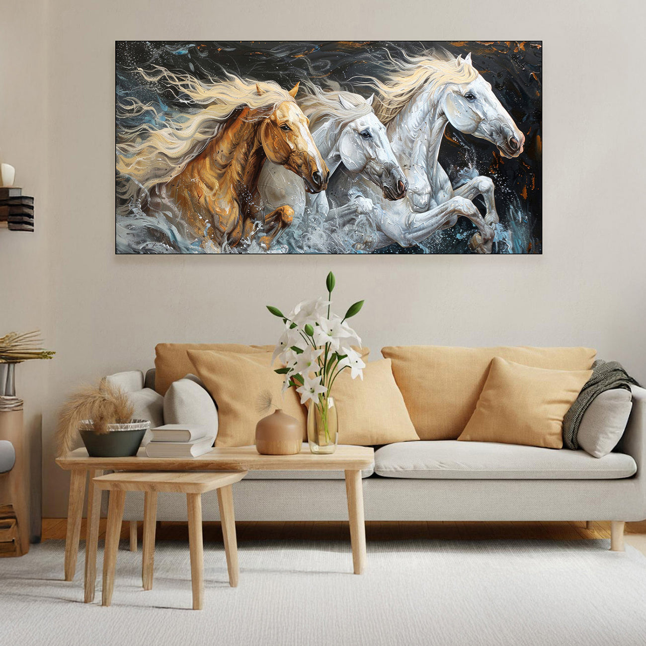 Majestic Horses Galloping Through Meadow