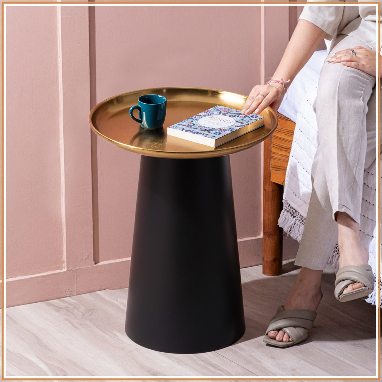 Lustrous Linea Iron-Crafted Side Table With Gold Finish Top | Nestroots