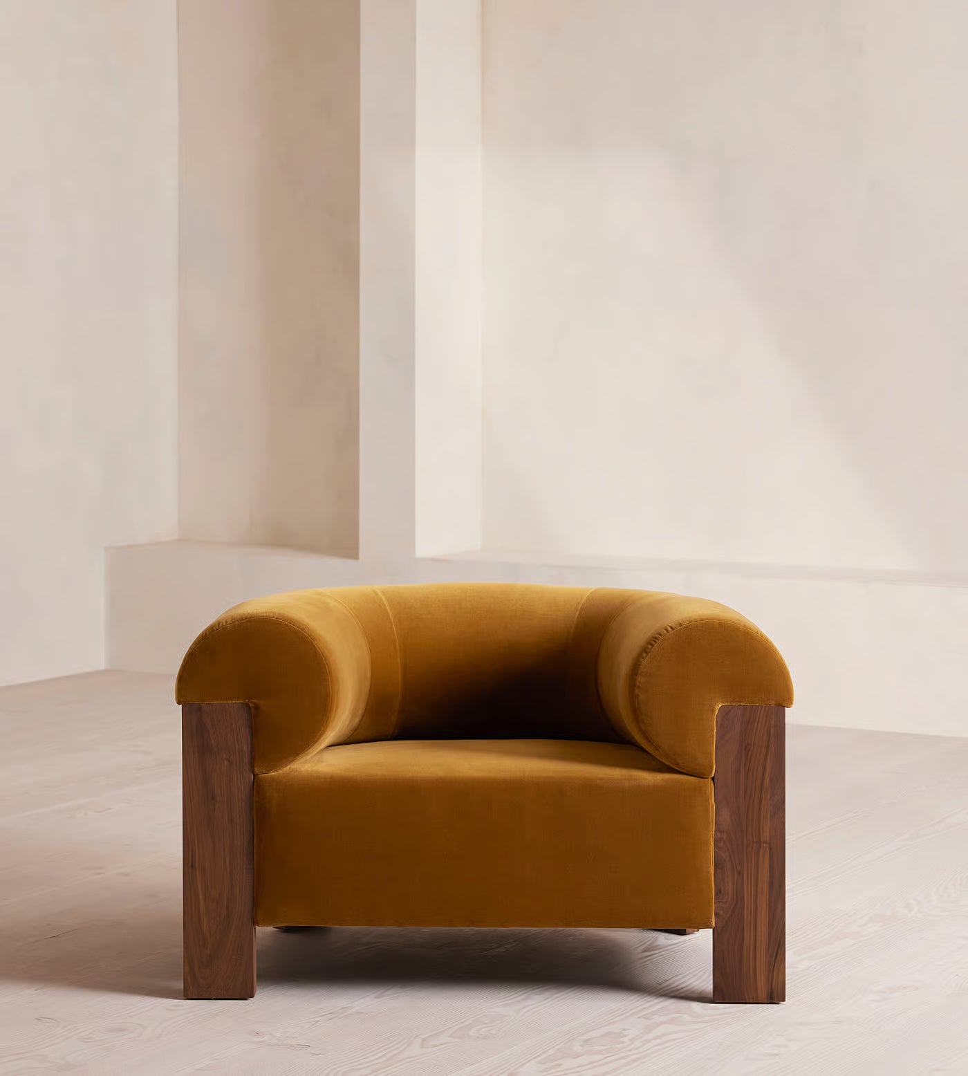 Treevino Wooden Arm Amber Brown Velvet Suede Lounge Chair