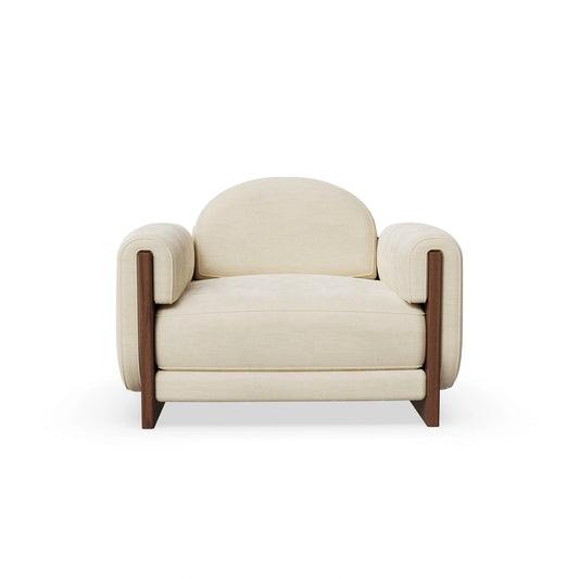 Breavion Classic Wood Arm Cream Velvet Suede Lounge Chair