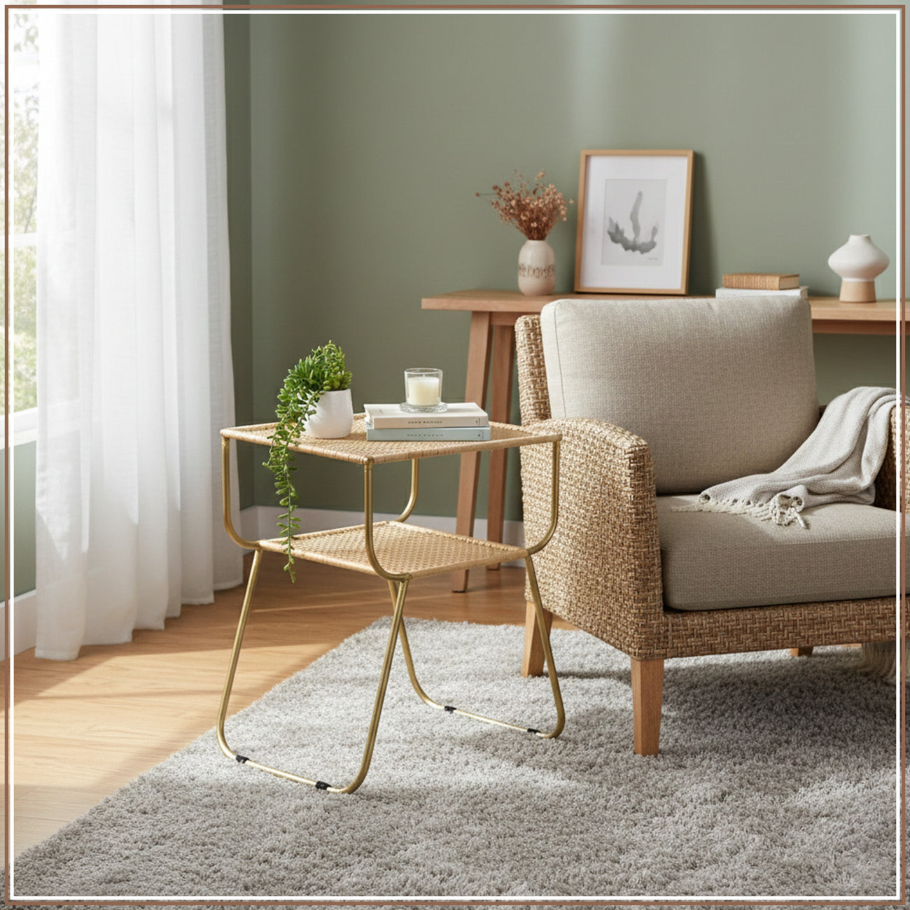 Rattan Metallic tiered End Table in Gold Color