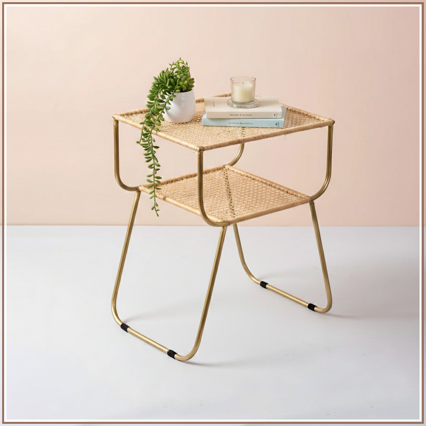 Rattan Metallic tiered End Table in Gold Color