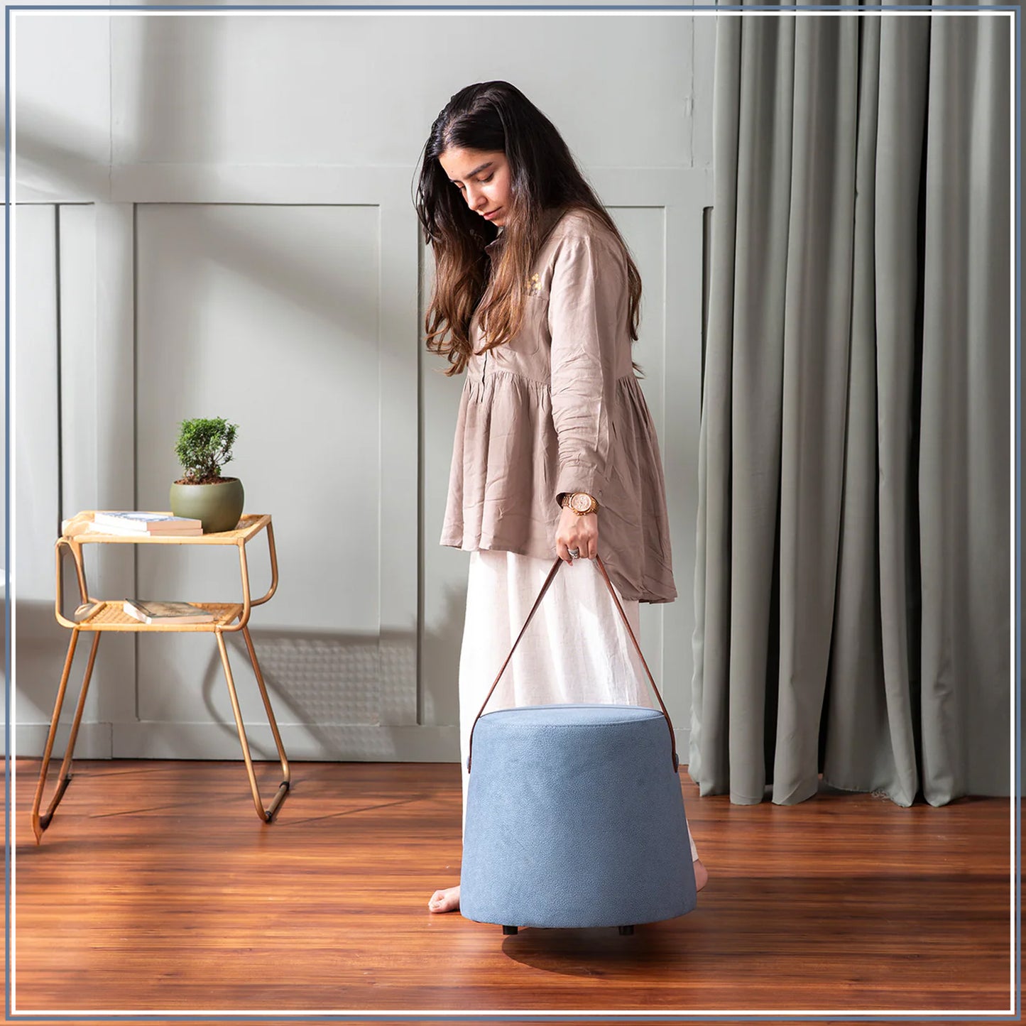 Hoist Collection Light Blue Pouf With Faux Leather Strap