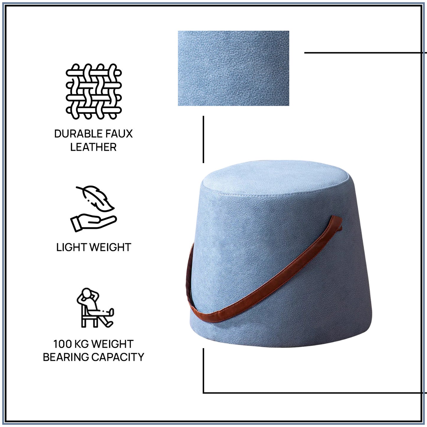 Hoist Collection Light Blue Pouf With Faux Leather Strap