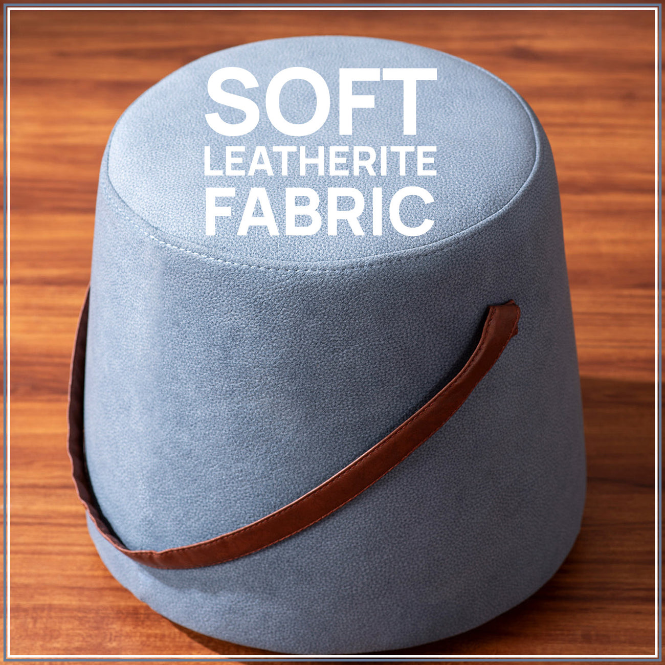 Hoist Collection Light Blue Pouf With Faux Leather Strap