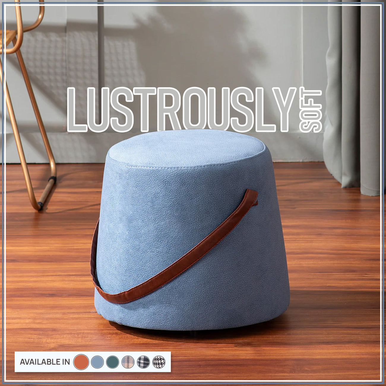 Hoist Collection Light Blue Pouf With Faux Leather Strap