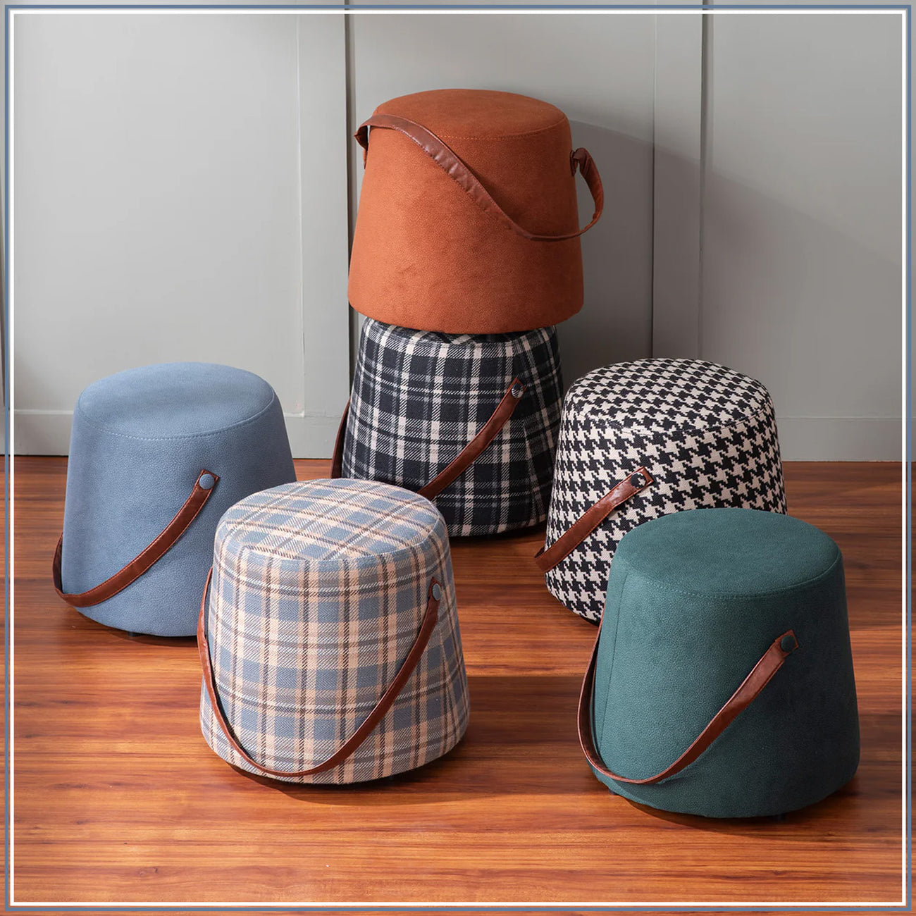 Hoist Collection Light Blue Pouf With Faux Leather Strap