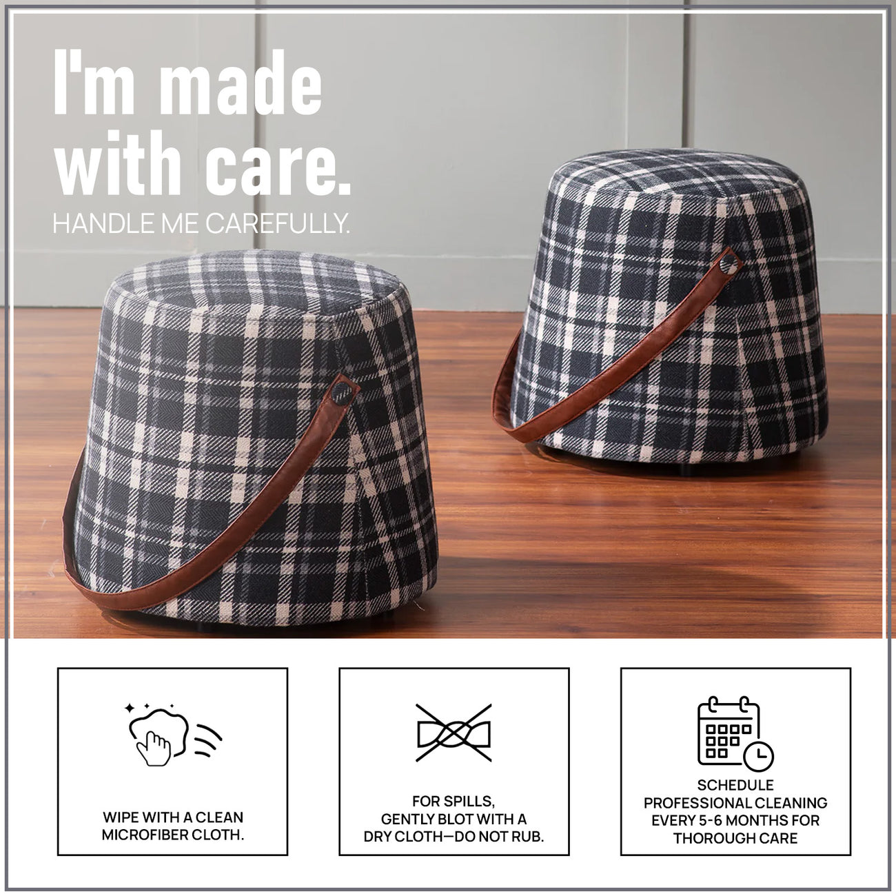 Hoist Collection Black Pouf With Faux Leather Strap