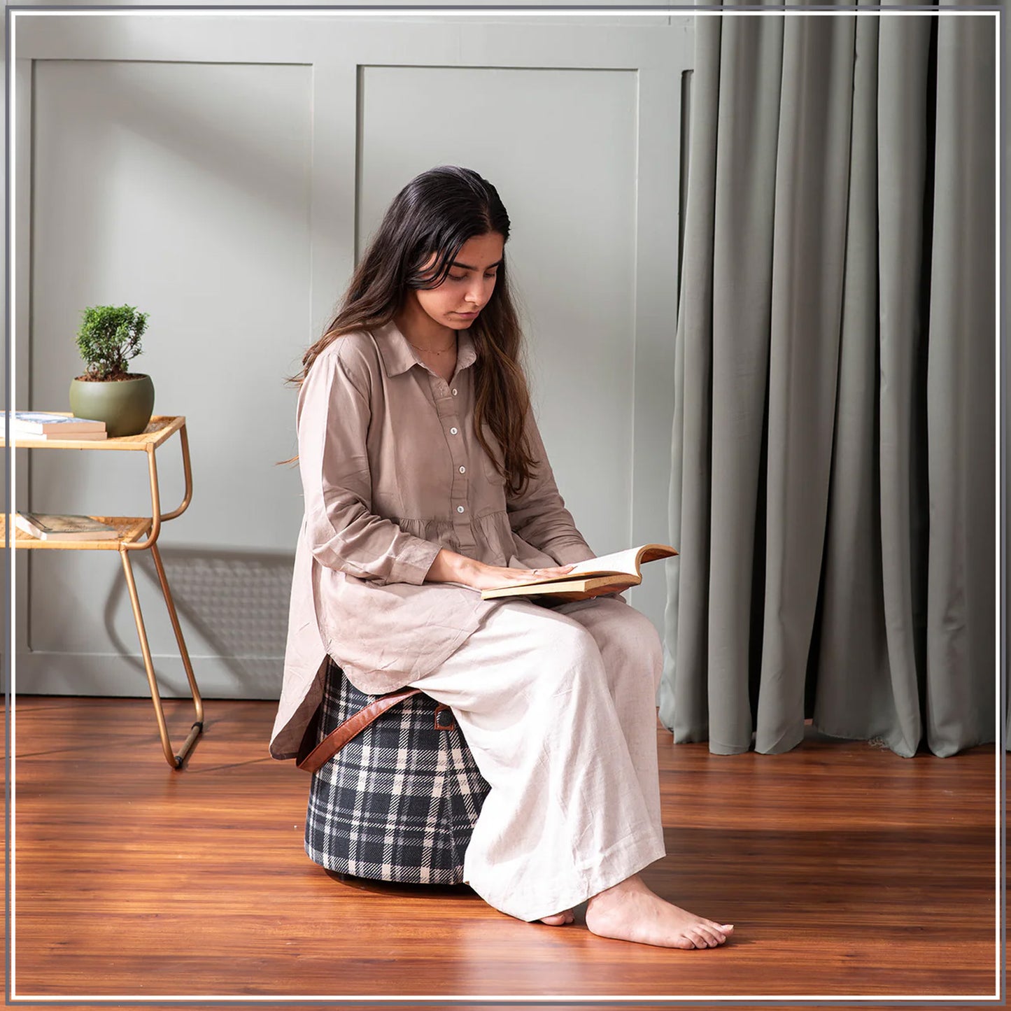 Hoist Collection Black Pouf With Faux Leather Strap