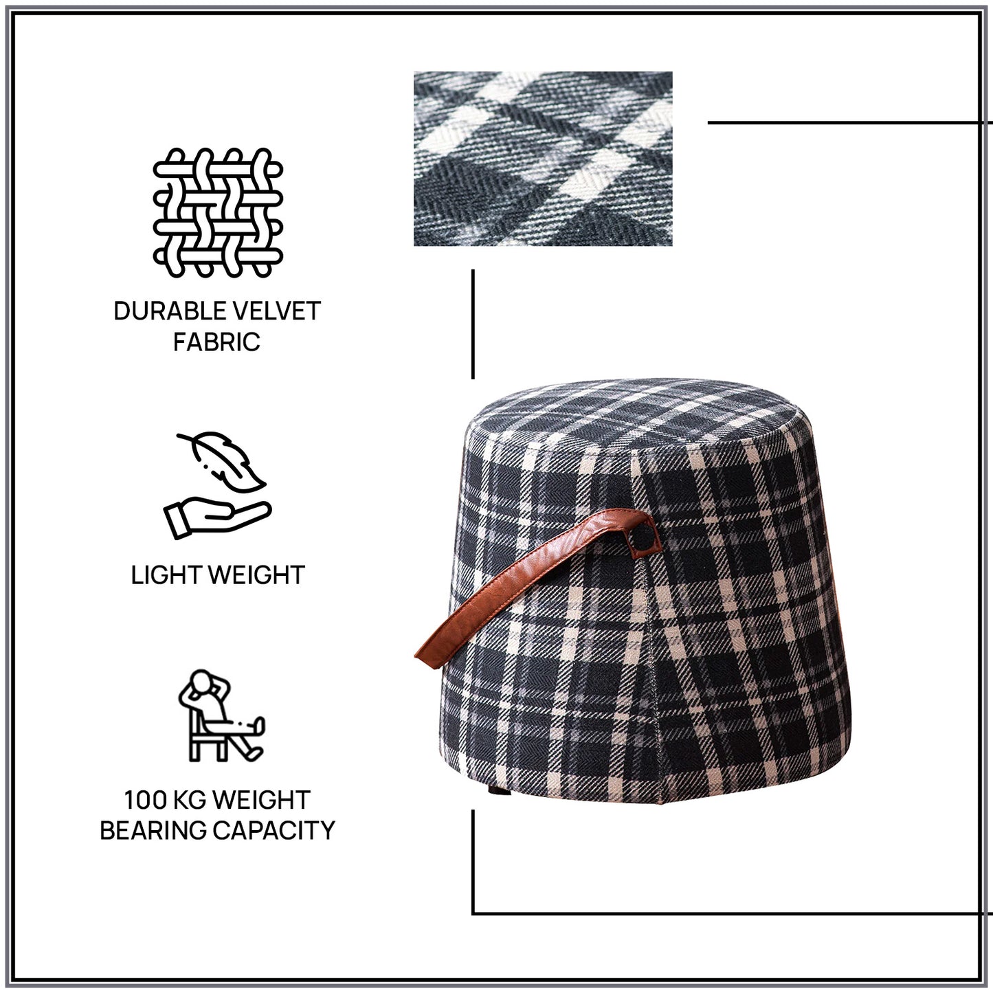 Hoist Collection Black Pouf With Faux Leather Strap