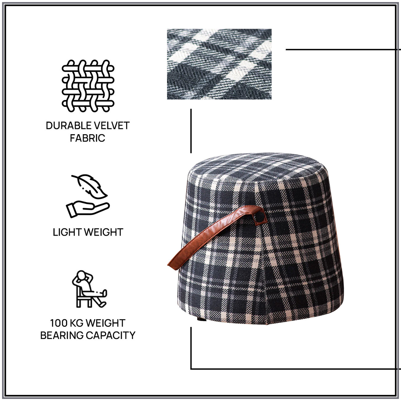 Hoist Collection Black Pouf With Faux Leather Strap