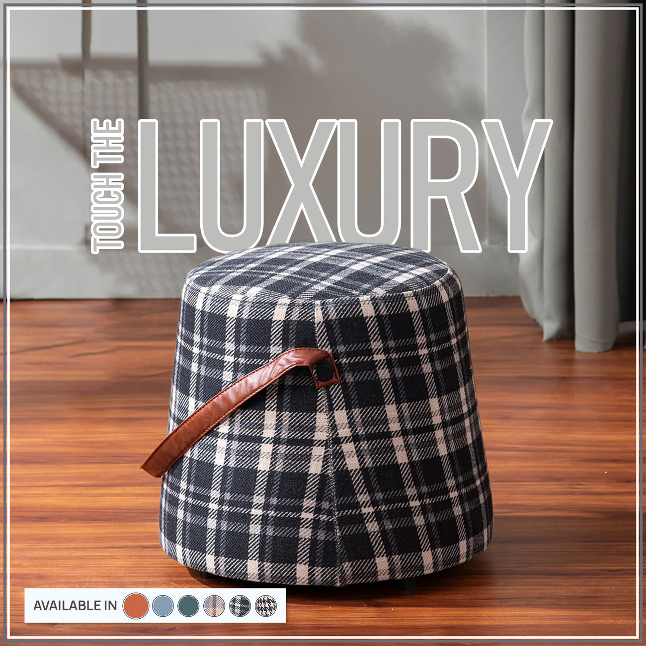 Hoist Collection Black Pouf With Faux Leather Strap