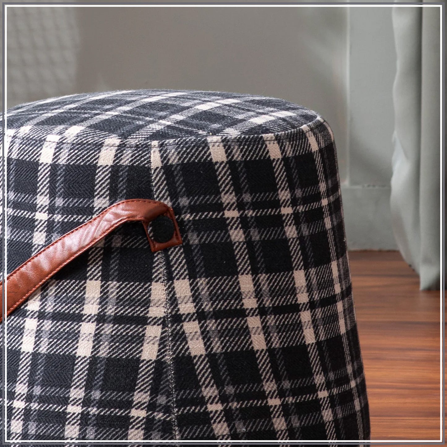 Hoist Collection Black Pouf With Faux Leather Strap