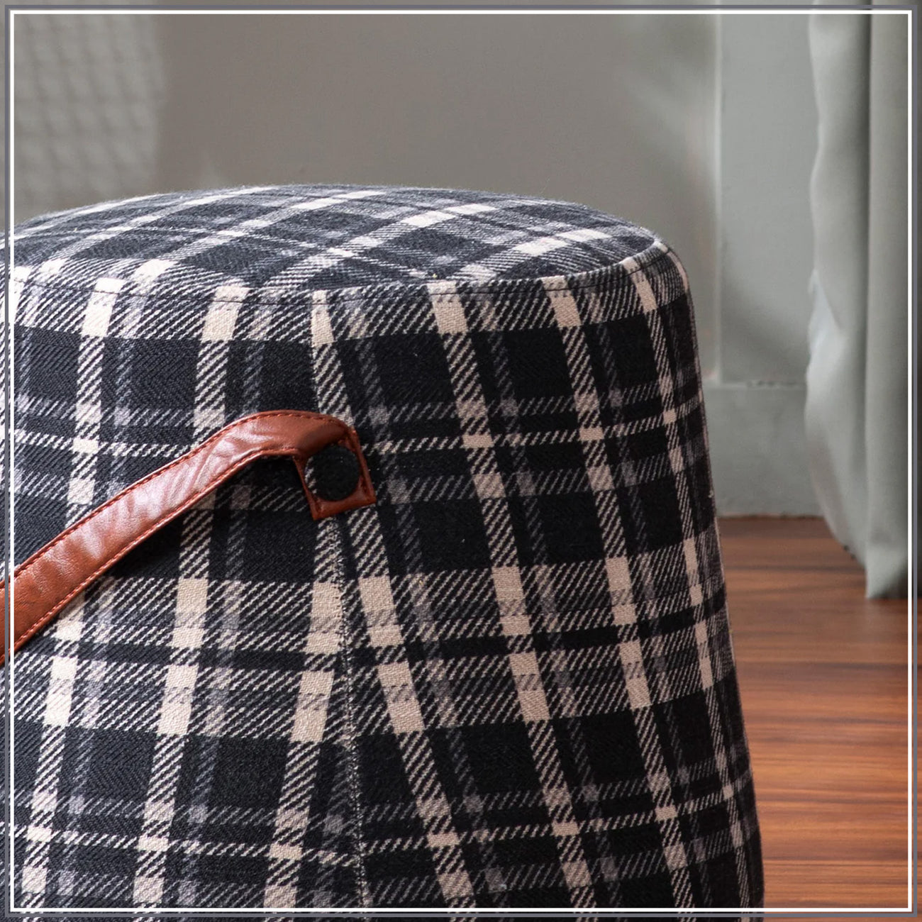 Hoist Collection Black Pouf With Faux Leather Strap