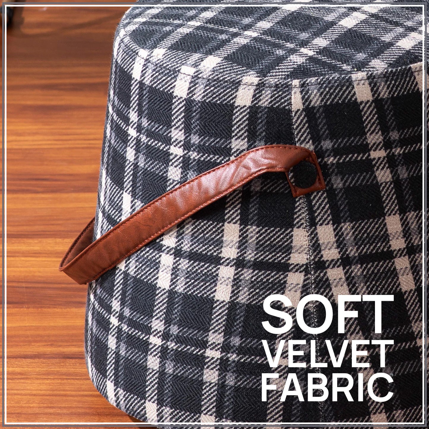 Hoist Collection Black Pouf With Faux Leather Strap