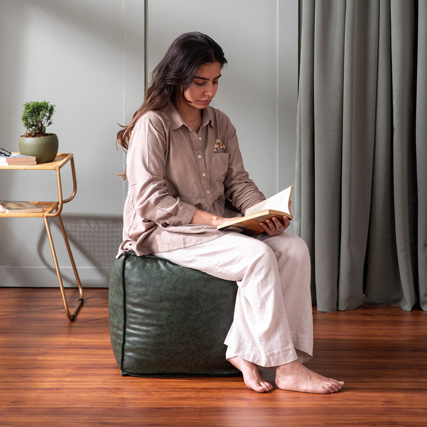 Cuboid Collection Green Faux Leather Pouffe: Buy at Best Price