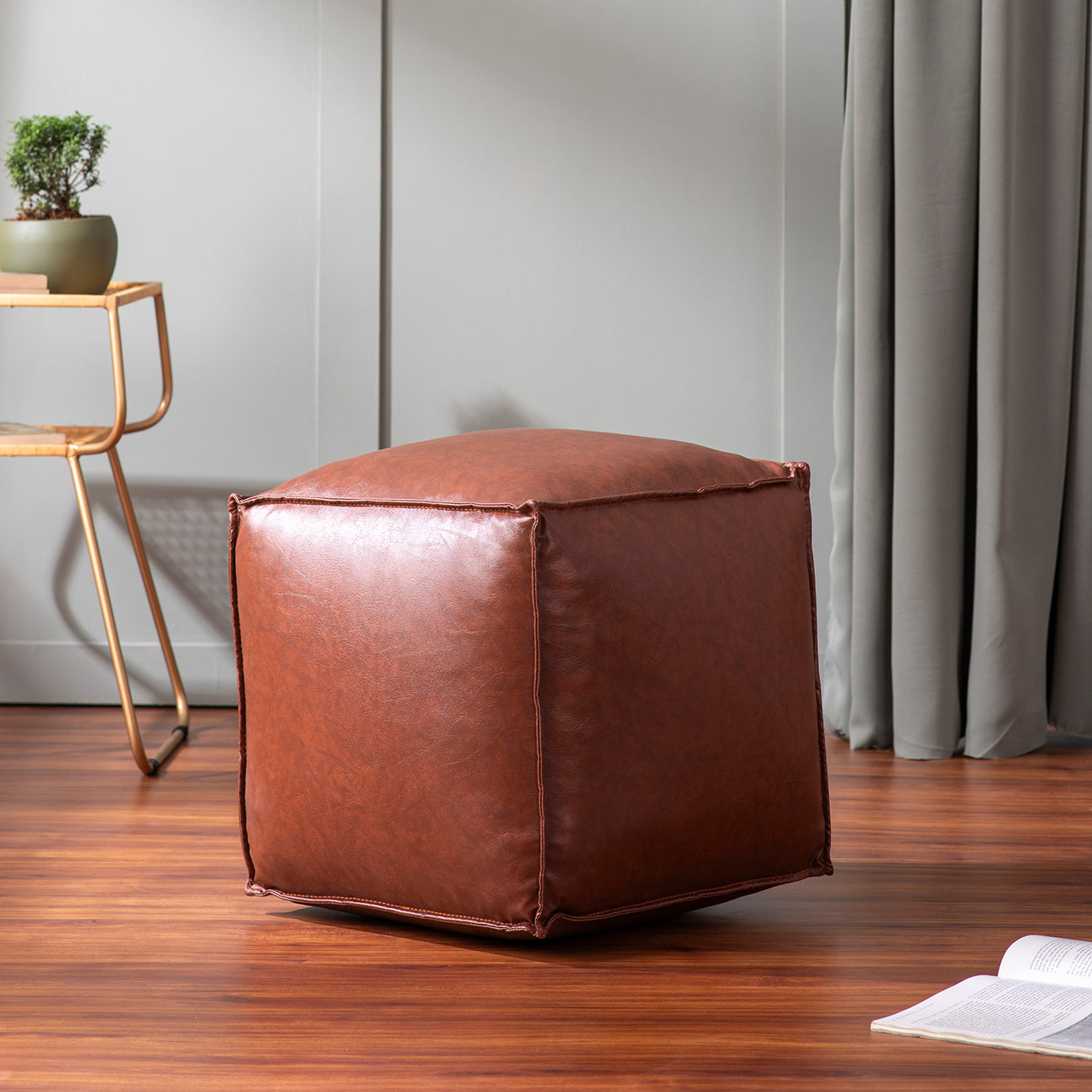 Cuboid Collection Tan Faux Leather Pouf Ottoman - Main Image