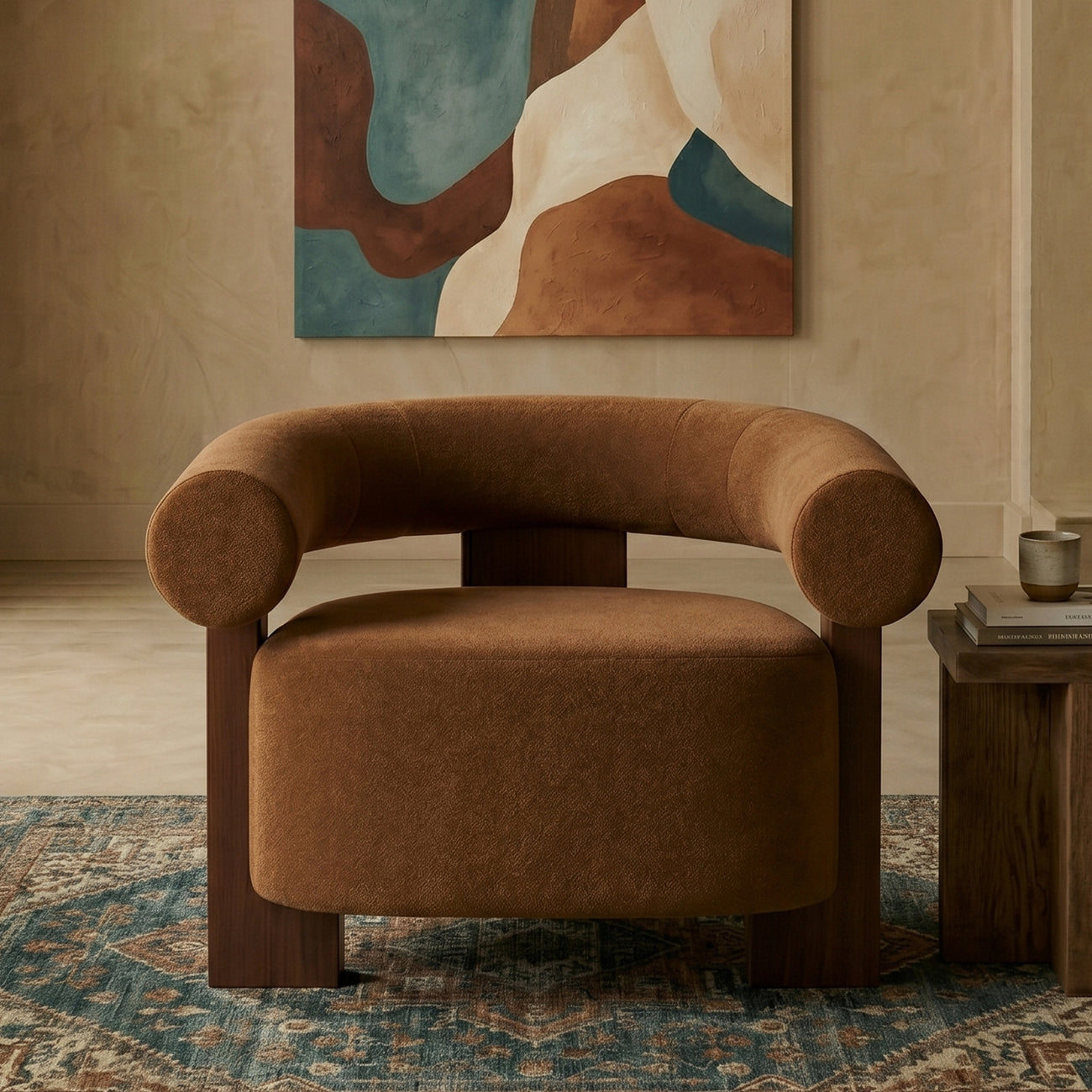 Rustova Frame Caramel Brown 1 - Seater Mohair Velvet Chair