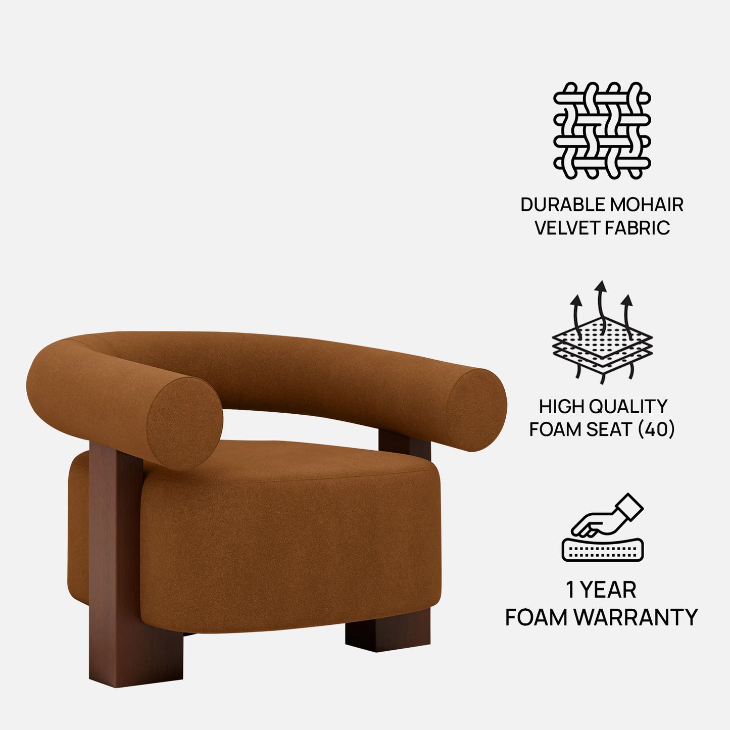 Rustova Frame Caramel Brown 1 - Seater Mohair Velvet Chair