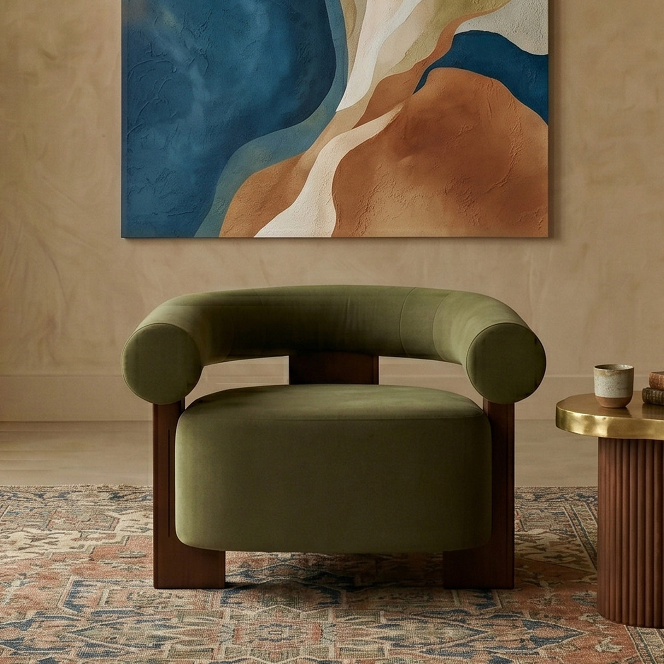 Rustova Frame Moss Green 1 - Seater Mohair Velvet Chair