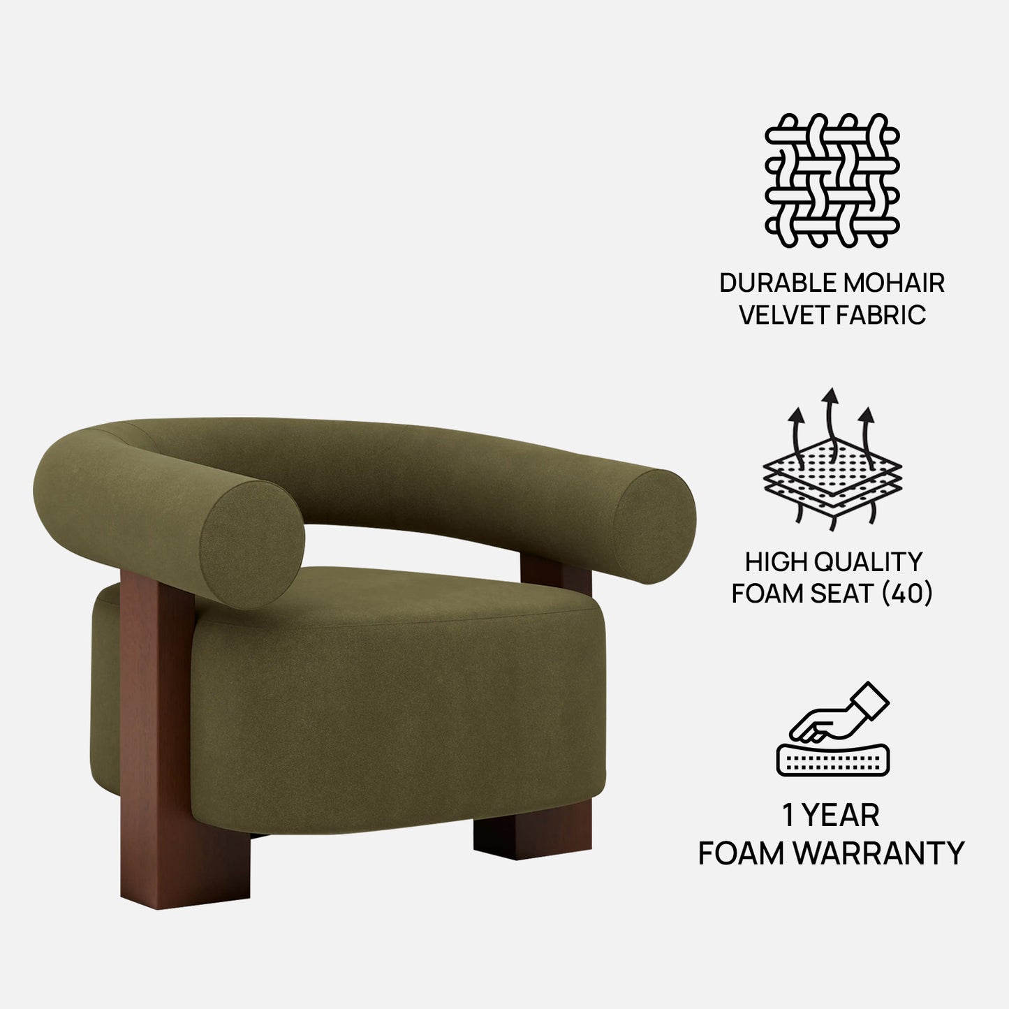 Rustova Frame Moss Green 1 - Seater Mohair Velvet Chair