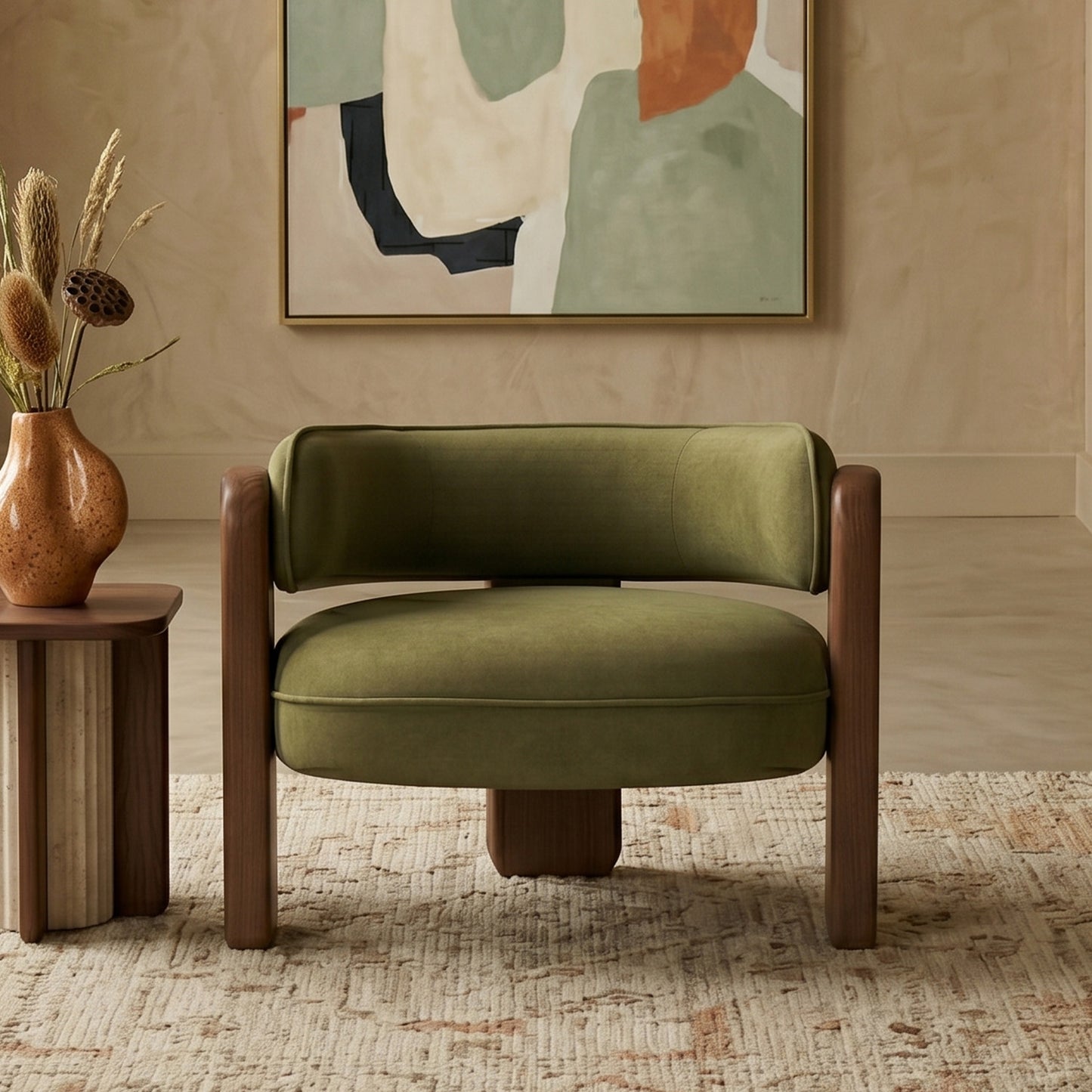 Heritage Arm Moss Green 1 - Seater Boucle Chair
