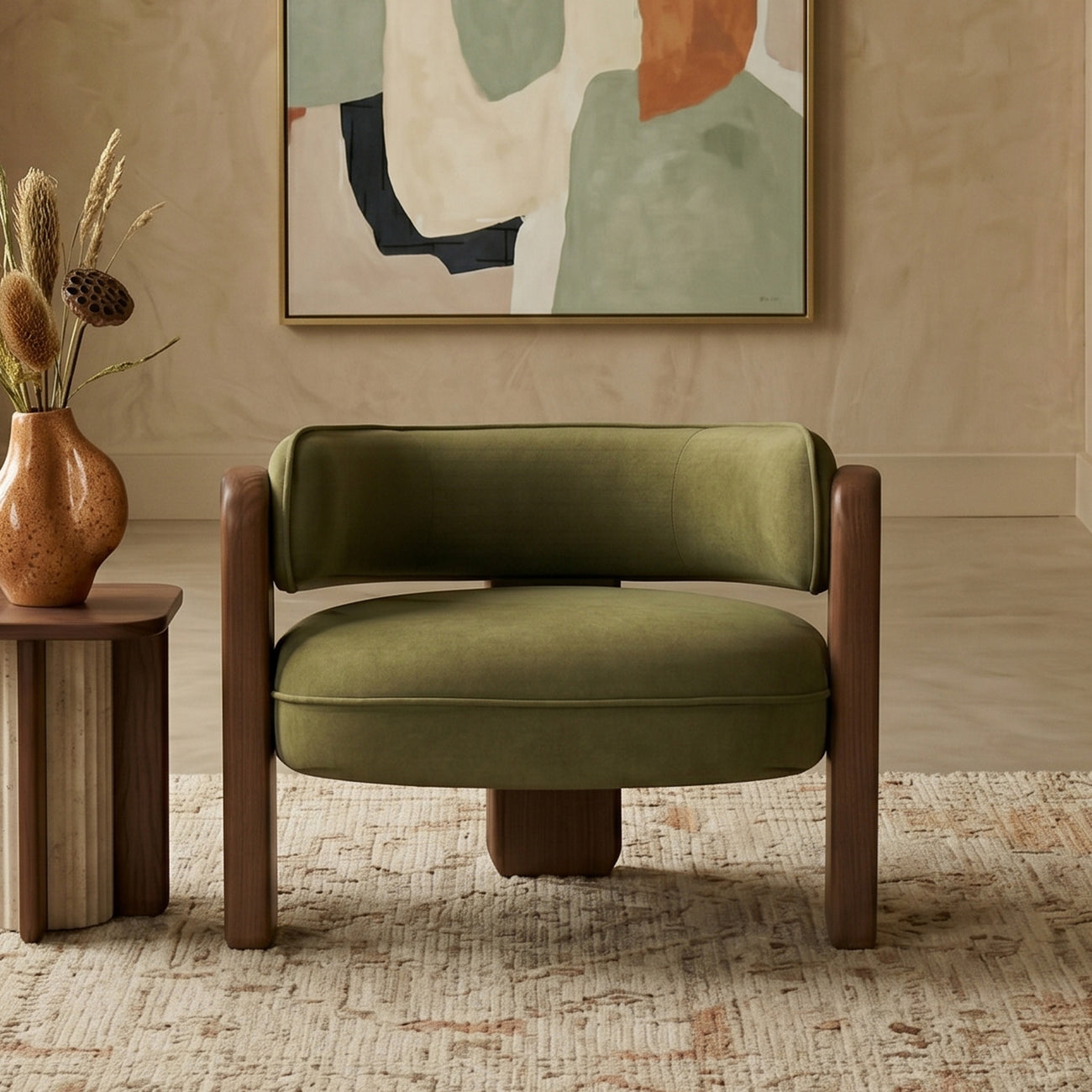 Heritage Arm Moss Green 1 - Seater Boucle Chair