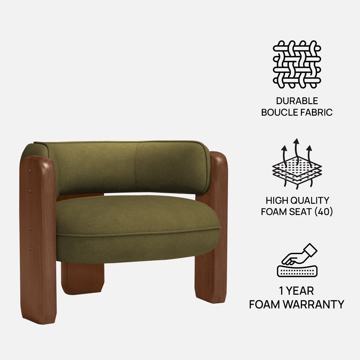 Heritage Arm Moss Green 1 - Seater Boucle Chair