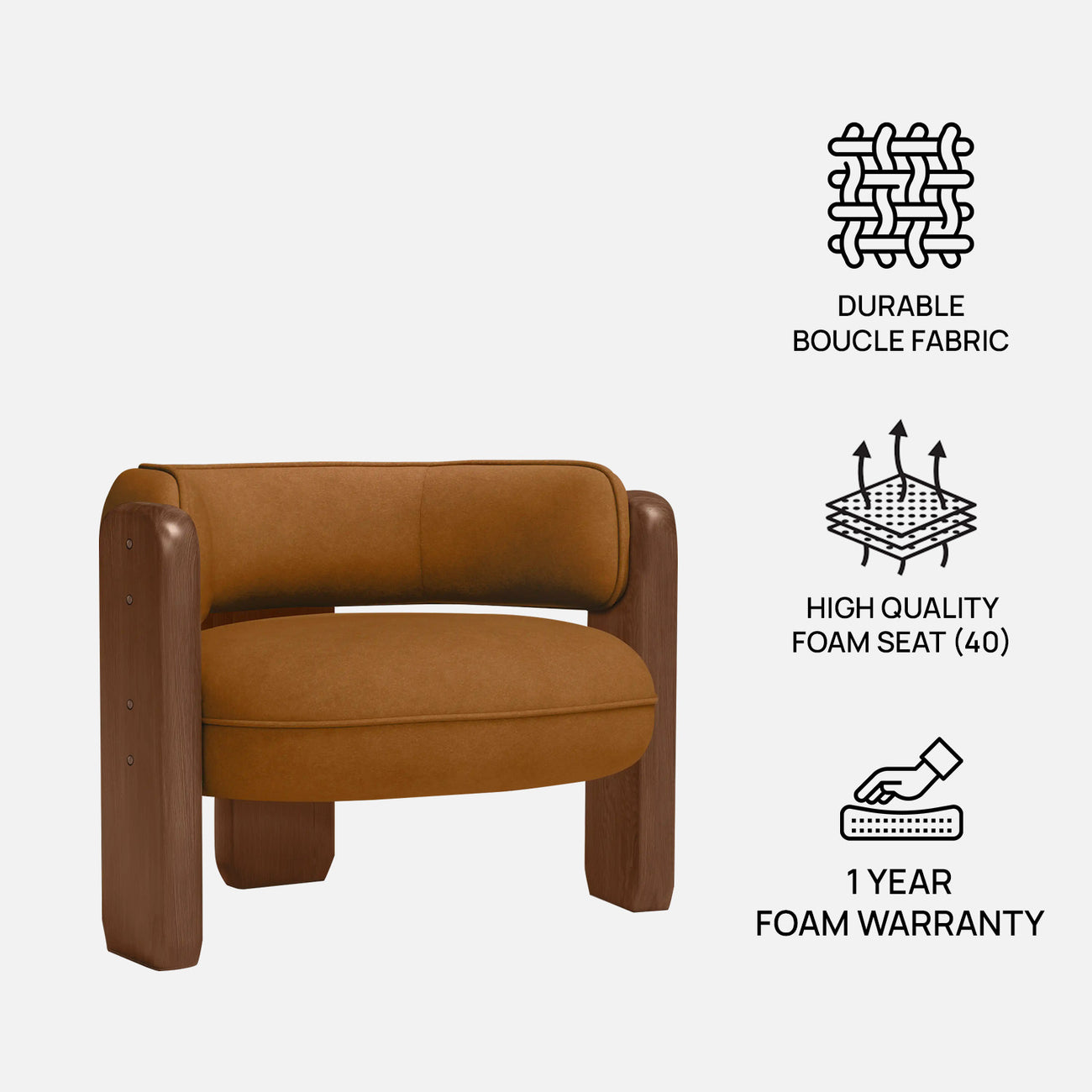 Heritage Arm Caramel Brown 1 - Seater Boucle Chair
