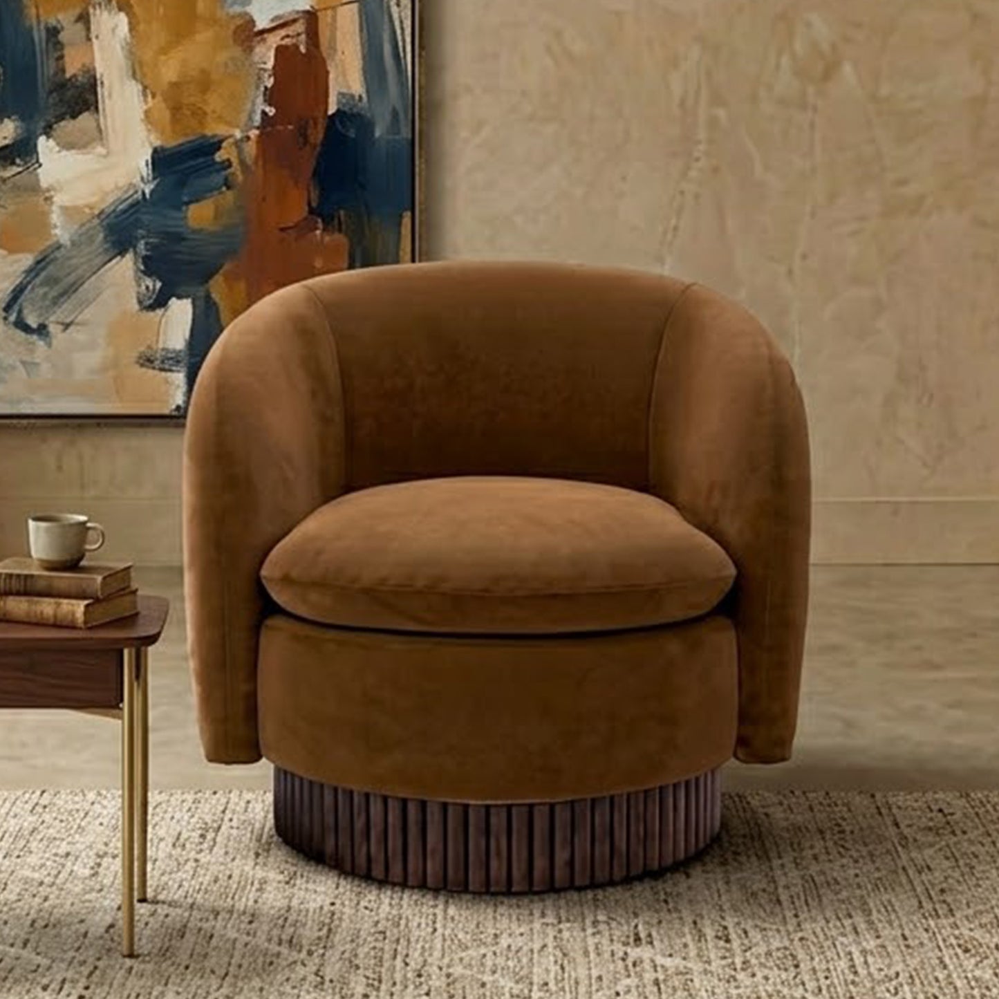 Mossio Barrel Caramel Brown 1 - Seater Velvet Chair