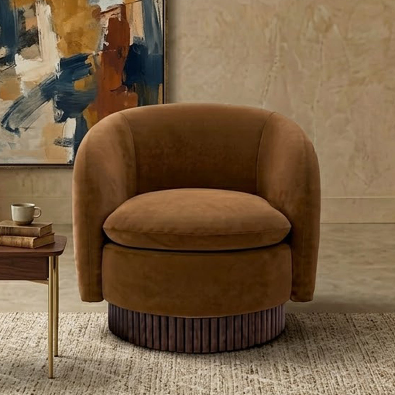 Mossio Barrel Caramel Brown 1 - Seater Velvet Chair
