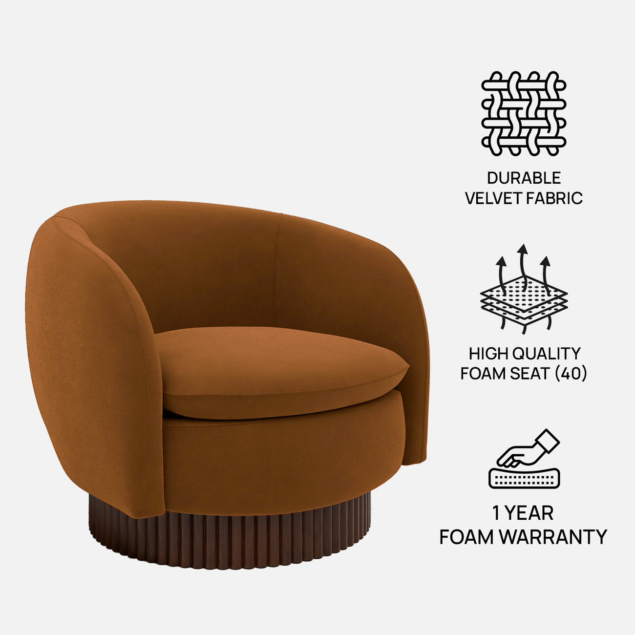 Mossio Barrel Caramel Brown 1 - Seater Velvet Chair