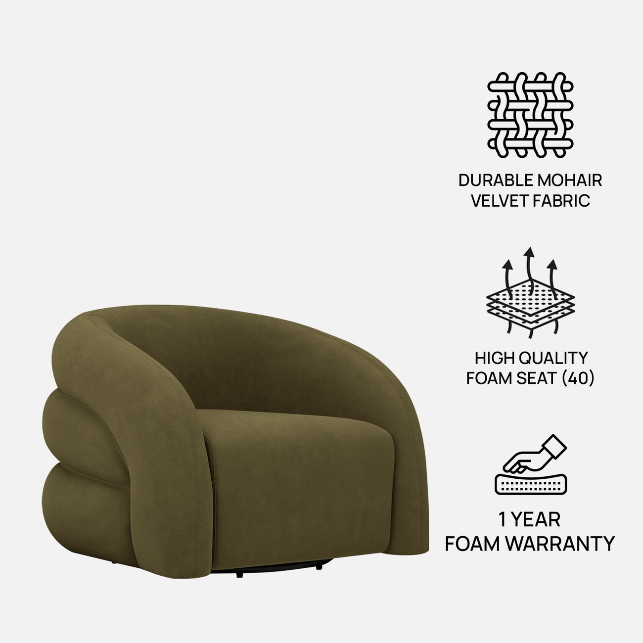 Torvyn Lounge Dark Green 1 - Seater Mohair Velvet Chair
