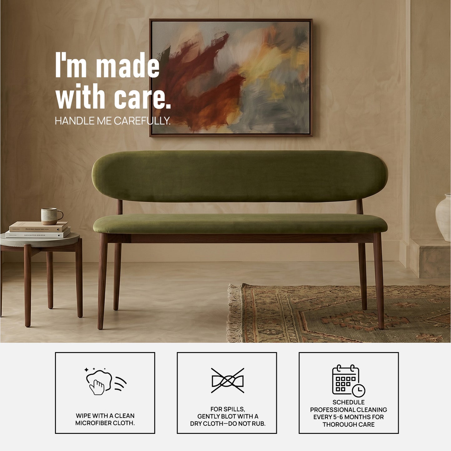 Elvara Bench Olive 3 - Seater Velvet Sofa