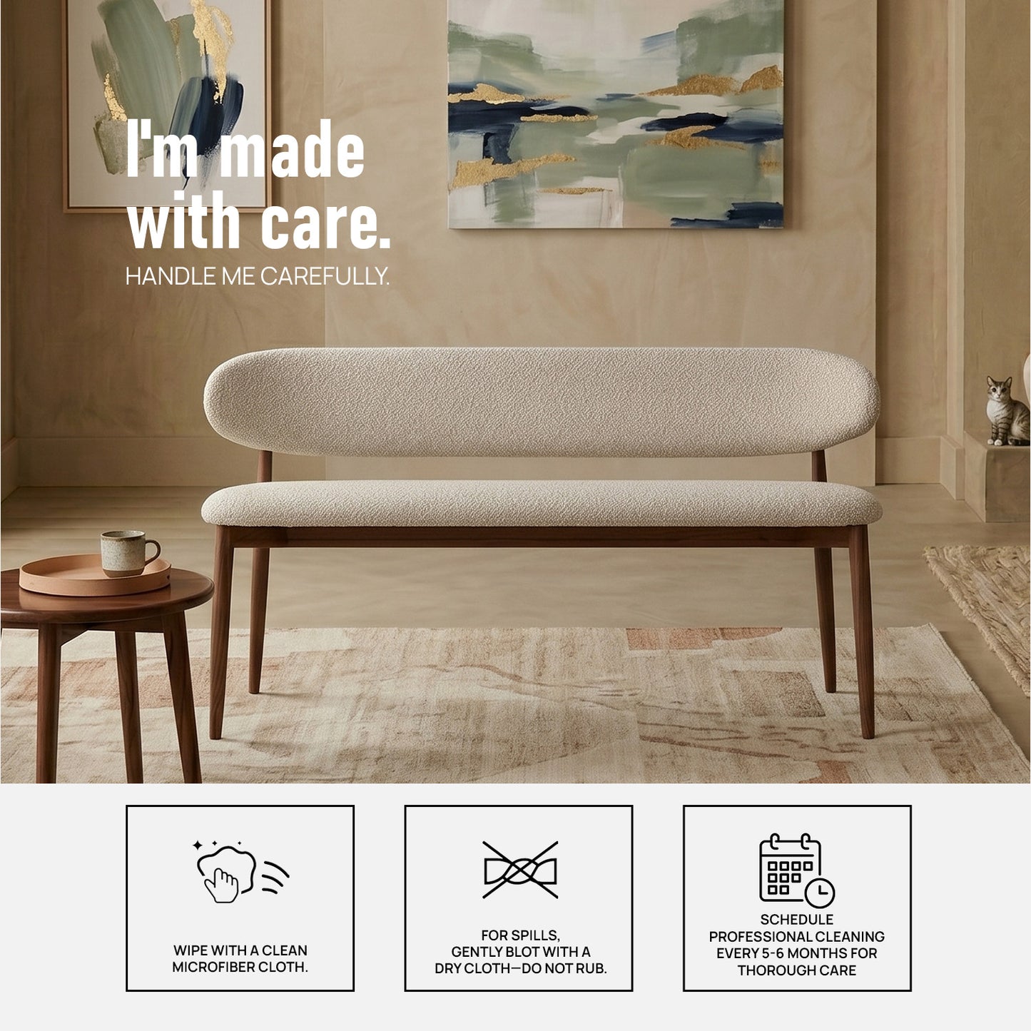 Elvara Bench Ivory 3 - Seater Velvet Sofa